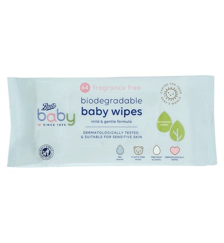 Boots Baby Fragrance Free Biodegradable soft baby wipes, single pack 64 wipes