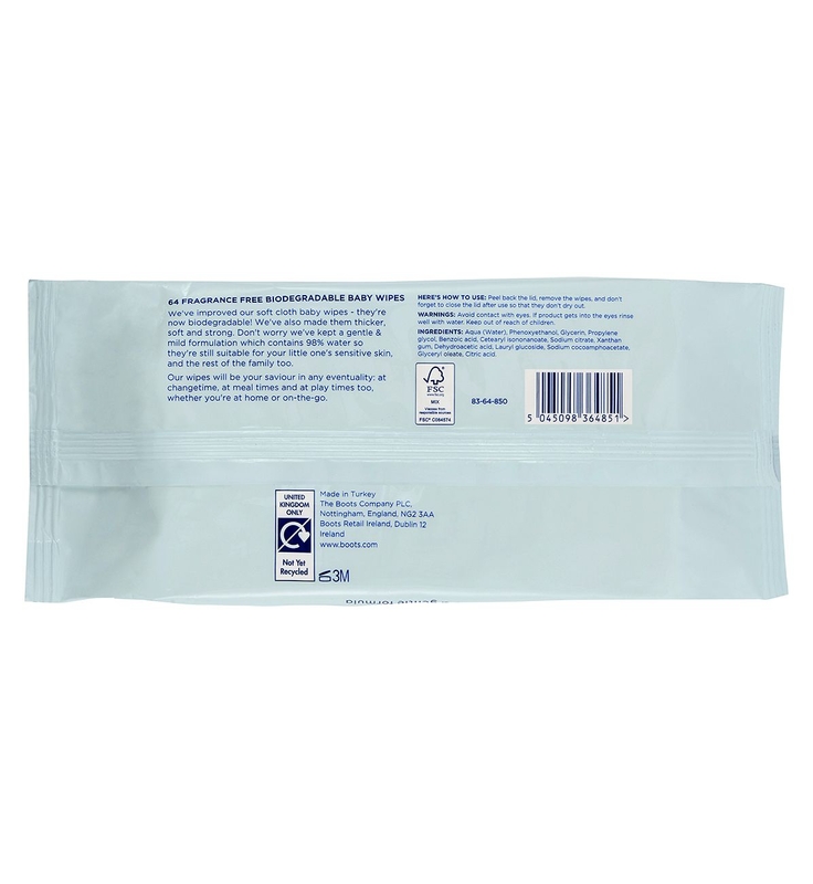 Boots Baby Fragrance Free Biodegradable soft baby wipes, single pack 64 wipes - Image 3