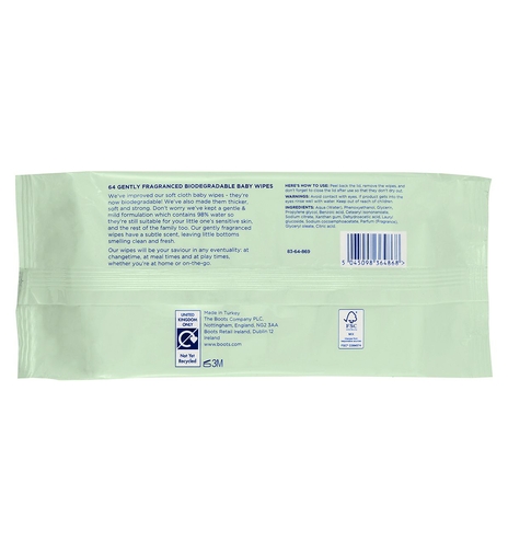 Boots Baby Gently Fragranced Biodegradable soft baby wipes, single pack 64 wipes - Image 4