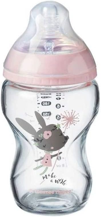 Tommee Tippee Closer to Nature Glass Baby Bottle, Anti-Colic Valve, Soft Teat, Pack of 1, 250 ml, Pink